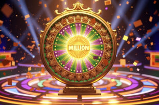 Golden game show wheel with million dollar wedge highlighted, surrounded by falling confetti on colorful stage