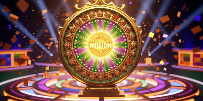 Golden game show wheel with million dollar wedge highlighted, surrounded by falling confetti on colorful stage