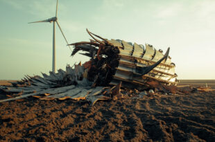 Shattered wind turbine nacelle and broken rotor blades scattered across agricultural field near intact tower