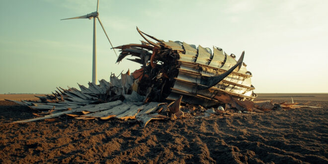 Shattered wind turbine nacelle and broken rotor blades scattered across agricultural field near intact tower