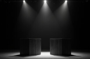 Two wooden podiums face each other under spotlights on dark stage with dramatic shadows and narrow gap between them