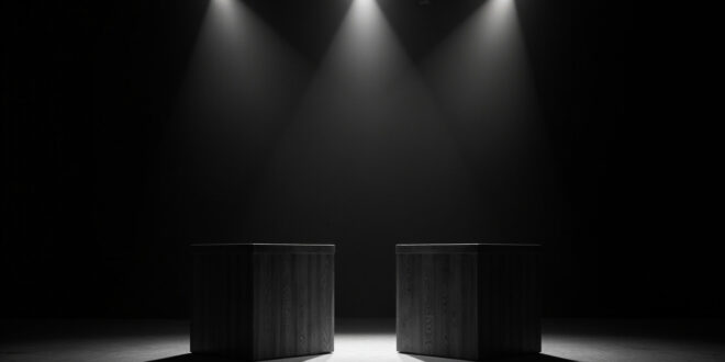 Two wooden podiums face each other under spotlights on dark stage with dramatic shadows and narrow gap between them