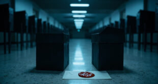 Two identical ballot boxes on marble surface with sealed envelopes, cold lighting emphasizing symmetry and tension