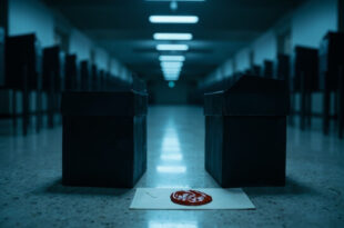 Two identical ballot boxes on marble surface with sealed envelopes, cold lighting emphasizing symmetry and tension