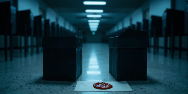 Two identical ballot boxes on marble surface with sealed envelopes, cold lighting emphasizing symmetry and tension