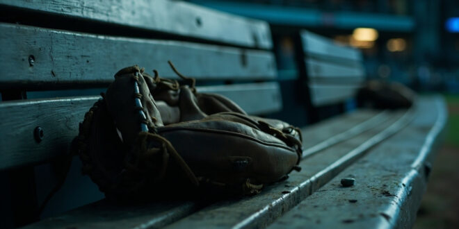 Solitary baseball glove on wooden dugout bench with soft stadium lighting in background