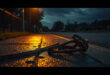 Dog leash lying on suburban sidewalk at night with golf course fence visible in background under amber streetlight