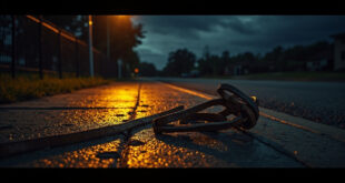 Dog leash lying on suburban sidewalk at night with golf course fence visible in background under amber streetlight