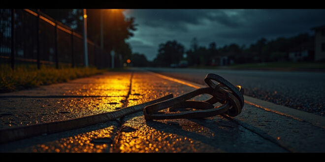 Dog leash lying on suburban sidewalk at night with golf course fence visible in background under amber streetlight