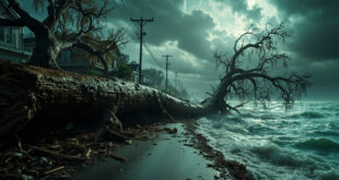 Large uprooted tree lies across flooded street with scattered debris and overflowing river in background during hurricane
