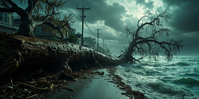 Large uprooted tree lies across flooded street with scattered debris and overflowing river in background during hurricane