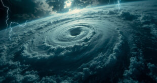 Satellite view of large hurricane with distinct eye wall spiraling over dark ocean waters