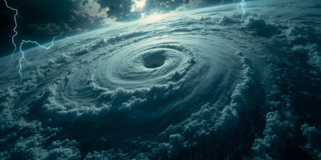 Satellite view of large hurricane with distinct eye wall spiraling over dark ocean waters