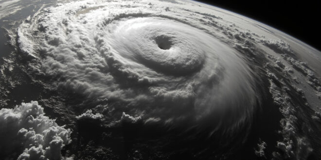 Satellite image showing massive spiral hurricane system with defined eye wall over dark ocean waters