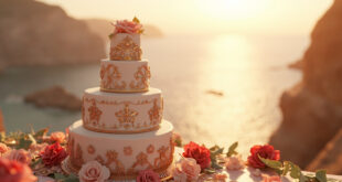 Elegant wedding cake with roses and scattered diamonds on rustic wooden table overlooking coastal landscape.
