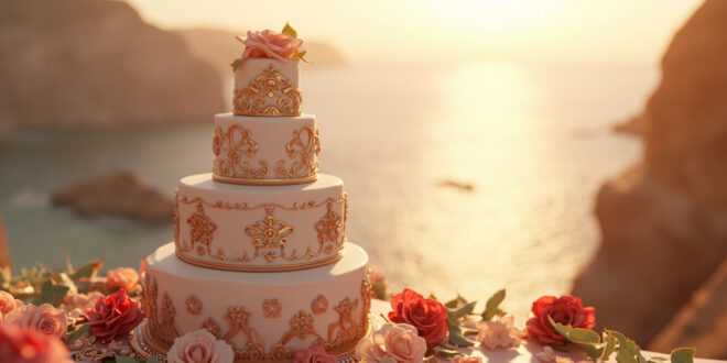 Elegant wedding cake with roses and scattered diamonds on rustic wooden table overlooking coastal landscape.