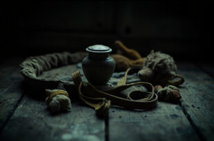 Ceramic urn next to empty dog bed, collar, and scattered toys in shadowy corner of room