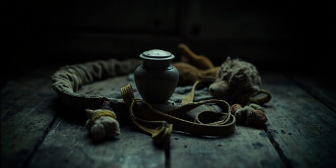 Ceramic urn next to empty dog bed, collar, and scattered toys in shadowy corner of room