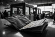 Worn passport with visa pages spread on airport immigration desk, empty booth behind