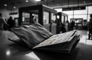 Worn passport with visa pages spread on airport immigration desk, empty booth behind