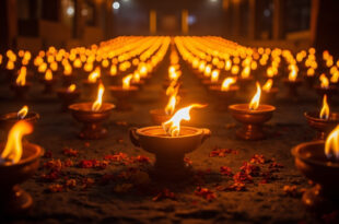 Traditional oil lamps glowing in symmetrical rows on temple steps, surrounded by flower petals and rangoli designs.