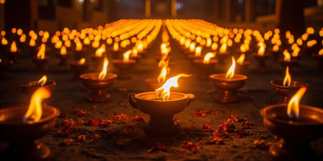 Traditional oil lamps glowing in symmetrical rows on temple steps, surrounded by flower petals and rangoli designs.