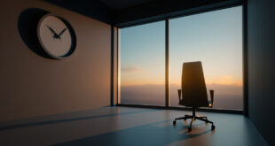 Empty office chair facing window at dusk, clock on wall showing evening hour, minimalist workspace in fading light