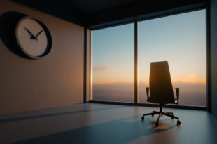 Empty office chair facing window at dusk, clock on wall showing evening hour, minimalist workspace in fading light