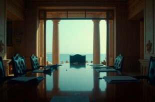 Empty conference room with negotiation table, documents, and Red Sea view through large windows