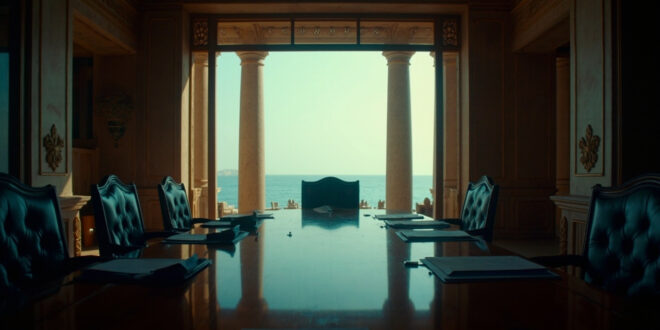 Empty conference room with negotiation table, documents, and Red Sea view through large windows