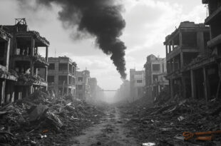 Dark smoke rising from destroyed buildings and rubble in urban conflict zone under gray sky