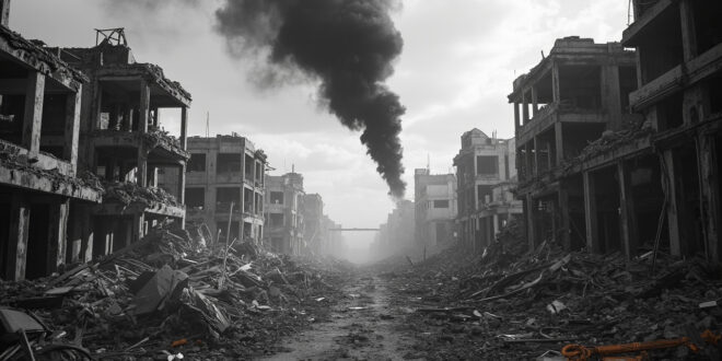 Dark smoke rising from destroyed buildings and rubble in urban conflict zone under gray sky