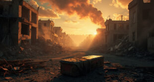 Empty coffin surrounded by rubble and broken concrete under smoky orange sky at dusk