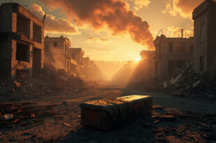 Empty coffin surrounded by rubble and broken concrete under smoky orange sky at dusk