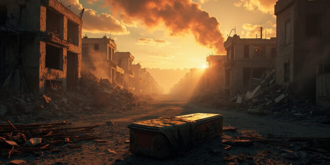 Empty coffin surrounded by rubble and broken concrete under smoky orange sky at dusk