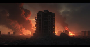 Collapsed concrete buildings with smoke rising against dark sky in devastated urban area