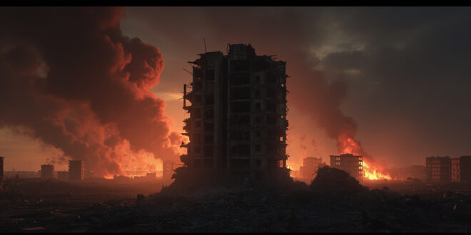 Collapsed concrete buildings with smoke rising against dark sky in devastated urban area