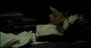 Open book with torn pages scattered on dark wooden desk beside ink-stained quill and crumpled letters