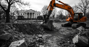 Construction machinery on gravel where Rose Garden flowers previously grew, concrete replacing historic planted beds