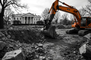 Construction machinery on gravel where Rose Garden flowers previously grew, concrete replacing historic planted beds