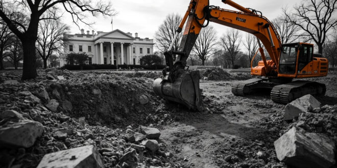 Construction machinery on gravel where Rose Garden flowers previously grew, concrete replacing historic planted beds