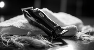 Electric hair clippers on white towel surrounded by cut blonde hair strands in bright studio setting