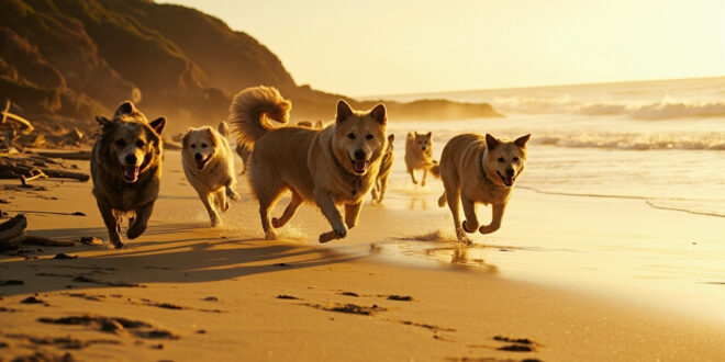 Dozens of dogs running freely on beach with ocean waves and scattered sticks in sand