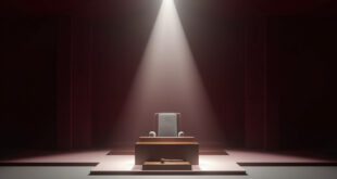 Empty wooden podium and ceremonial gavel in formal Japanese government chamber with traditional sliding panels