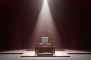 Empty wooden podium and ceremonial gavel in formal Japanese government chamber with traditional sliding panels