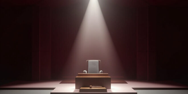 Empty wooden podium and ceremonial gavel in formal Japanese government chamber with traditional sliding panels