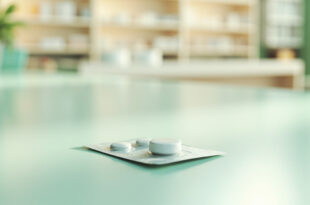 White pill in clear blister pack on pharmacy counter with medicine bottles blurred in background