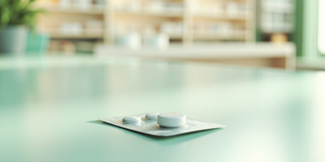 White pill in clear blister pack on pharmacy counter with medicine bottles blurred in background