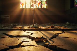 Two wedding bands on fractured stone surface with golden light emerging from cracks between the pieces