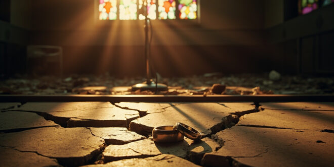 Two wedding bands on fractured stone surface with golden light emerging from cracks between the pieces